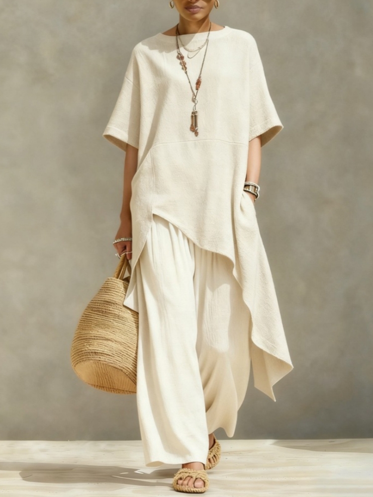 Women'S Formal Wear Blouse - ชุดเซ็ตผ้าฝ้ายลินินสำหรับผู้หญิง 2 ชิ้น เสื้อครึ่งแขนทรงหลวมแบบไม่สมมาตร กางเกงขายาวเอวยางยืดทรงขากว้าง