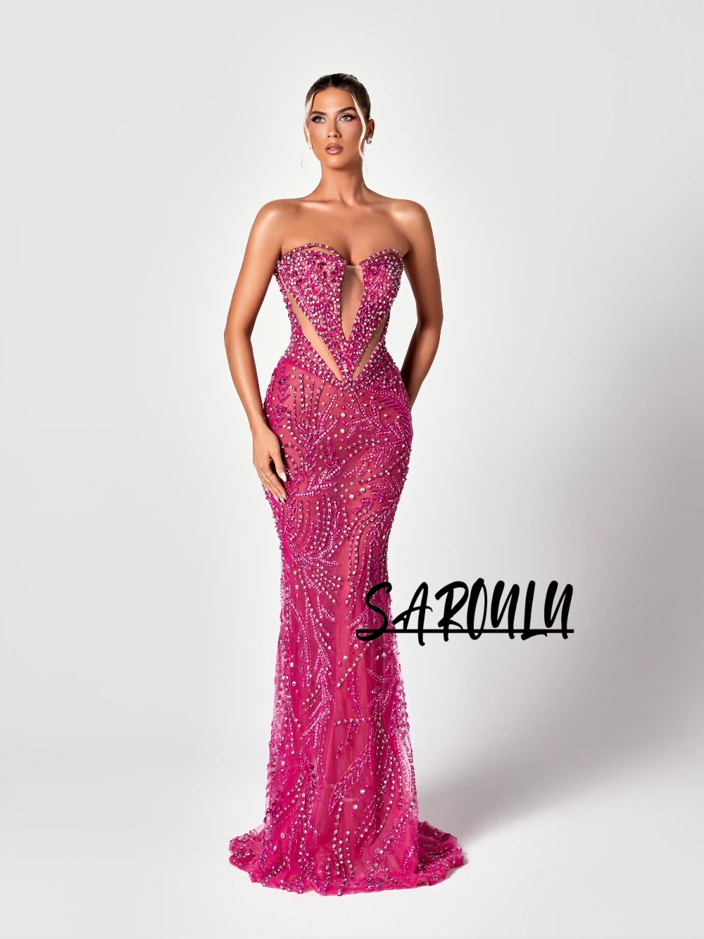 Formal Gala Wear Women - ชุดราตรีสีชมพูฟูเชียแบบเว้าช่วงเอว แต่งลูกไม้ผูกเชือกด้านหลัง ดีไซน์หรูหราสำหรับงานกาล่าส์ ผู้หญิงสามารถสั่งตัดแต่งประดับคริสตัลได้ ทรงเมอร์เมดยอดนิยมสำหรับงานปาร์ตี้
