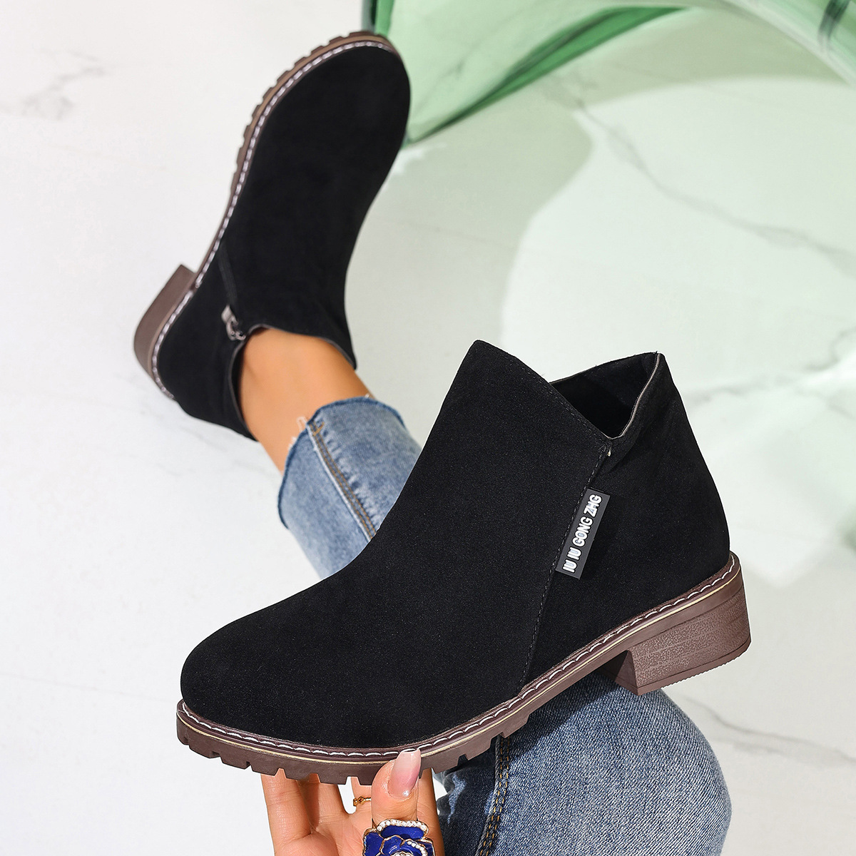 Women Formal Wear With Shoes - รองเท้าบูทข้อเท้าผู้หญิงสำหรับฤดูใบไม้ร่วงและฤดูหนาว ซิปด้านข้าง ส้นหนา ใส่สบาย ทันสมัย เหมาะสำหรับลุคสบายๆ
