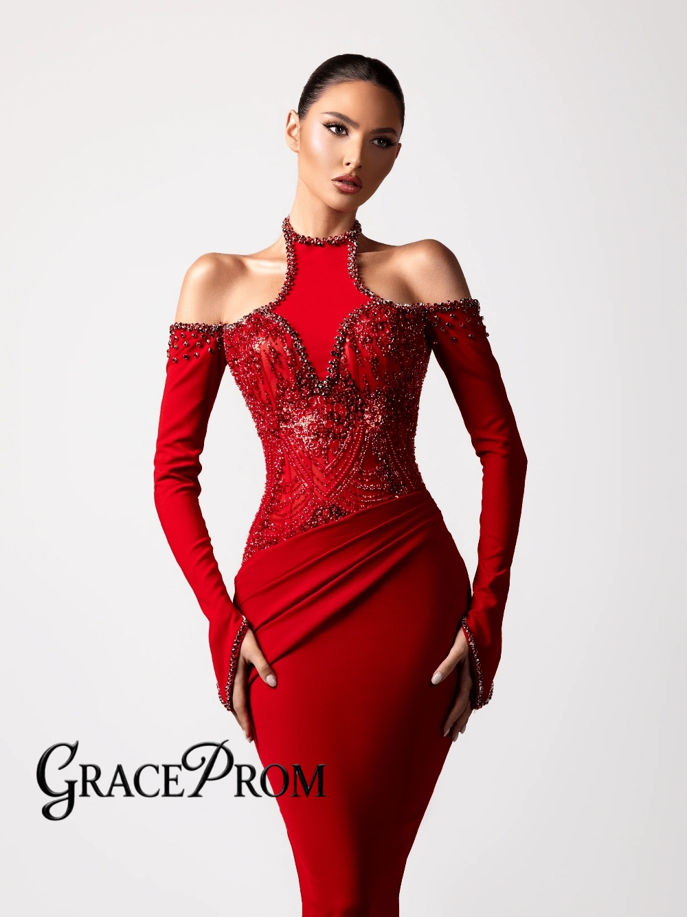 Formal Gala Wear Women - ชุดราตรีสีแดงแบบผูกคอสุดเซ็กซี่ ดีไซน์ใหม่ล่าสุด ตัดเย็บเข้ารูป ประดับลูกปัด จับจีบ ชุดค็อกเทล