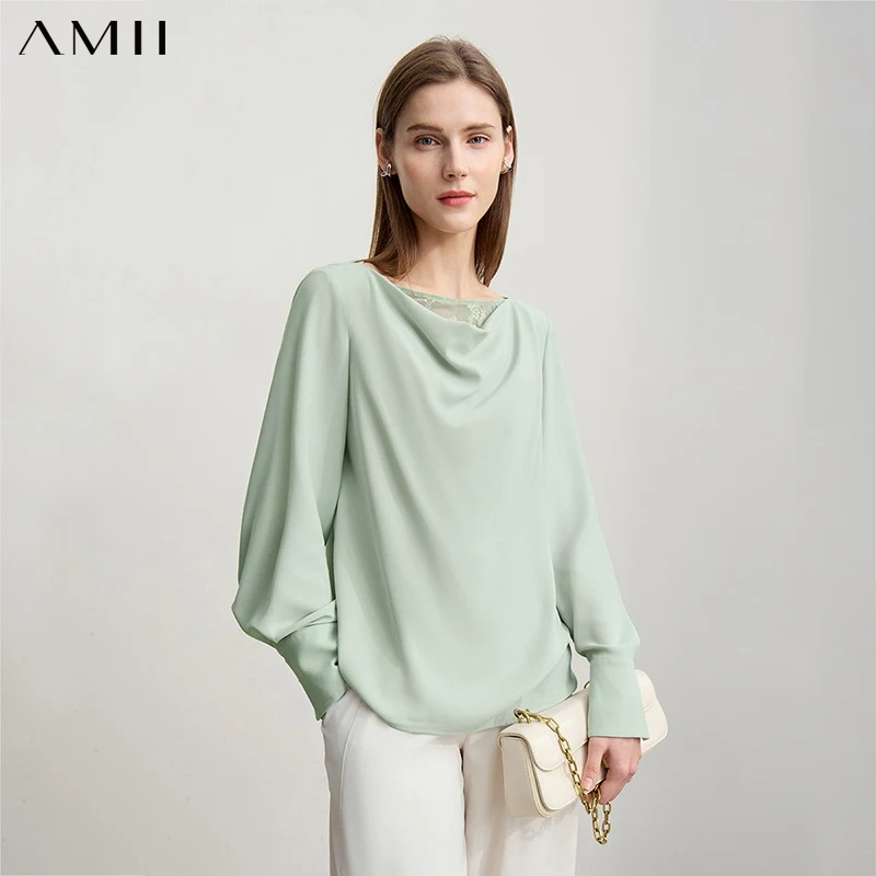 Women'S Formal Wear Blouse - เสื้อผู้หญิง Amii สำหรับฤดูใบไม้ร่วง 2026 รุ่นใหม่ เสื้อเชิ้ตผ้าชีฟองคอวีลูกไม้สไตล์ลำลอง
