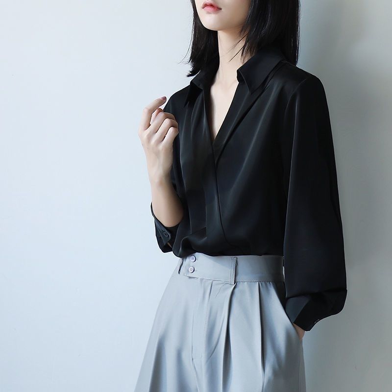 Women'S Formal Wear Blouse - Gidyq เสื้อชีฟองสีดำสำหรับผู้หญิง, เสื้อ MODE Korea แขนยาวทรงหลวมลำลองแนวสตรีทแวร์เข้ากับทุกชุดเสื้อเก๋ๆ
