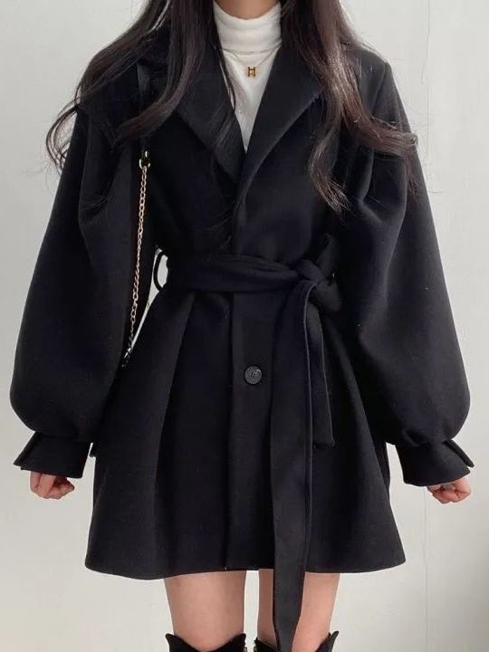 Tailored Coat Wool - เสื้อโค้ทขนสัตว์สไตล์เกาหลี พร้อมเข็มขัด ทรงเข้ารูป สไตล์เฮปเบิร์น ความยาวระดับกลาง เสื้อแจ็คเก็ตผู้หญิง