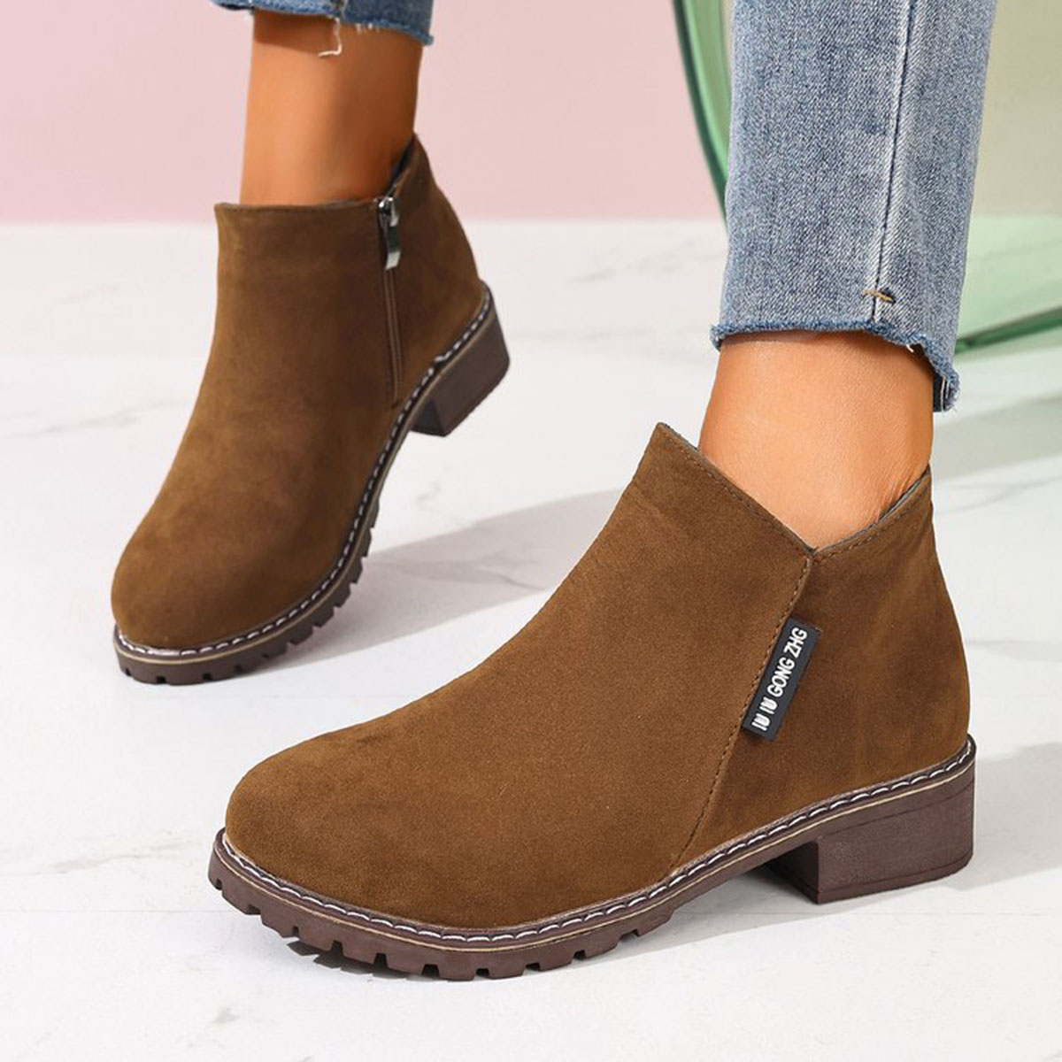 Women Formal Wear With Shoes - รองเท้าบูทข้อเท้าผู้หญิงสำหรับฤดูใบไม้ร่วงและฤดูหนาว แบบมีซิปด้านข้าง ส้นหนา ใส่สบาย แฟชั่นทันสมัย เหมาะสำหรับใส่ลำลองหรือเป็นทางการ