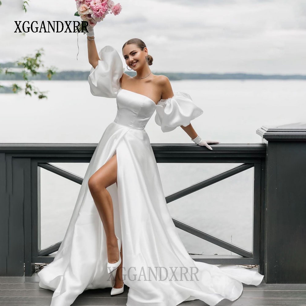 Formal Gala Wear Women - ชุดแต่งงานทรงเอไลน์แบบสั่งตัด ปี 2026 ชุดเจ้าสาวแบบไร้สาย ดีไซน์เซ็กซี่ ผ่าข้าง