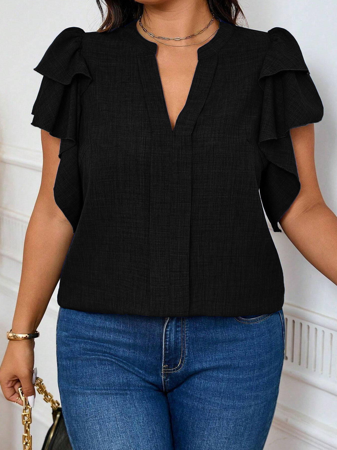 Women'S Formal Wear Blouse - เสื้อเบลาส์คอวีแขนระบายทรงหรูหราสำหรับผู้หญิงไซส์ใหญ่ – เสื้อสไตล์มินิมอลสำหรับทำงานหรือออกงานลำลอง