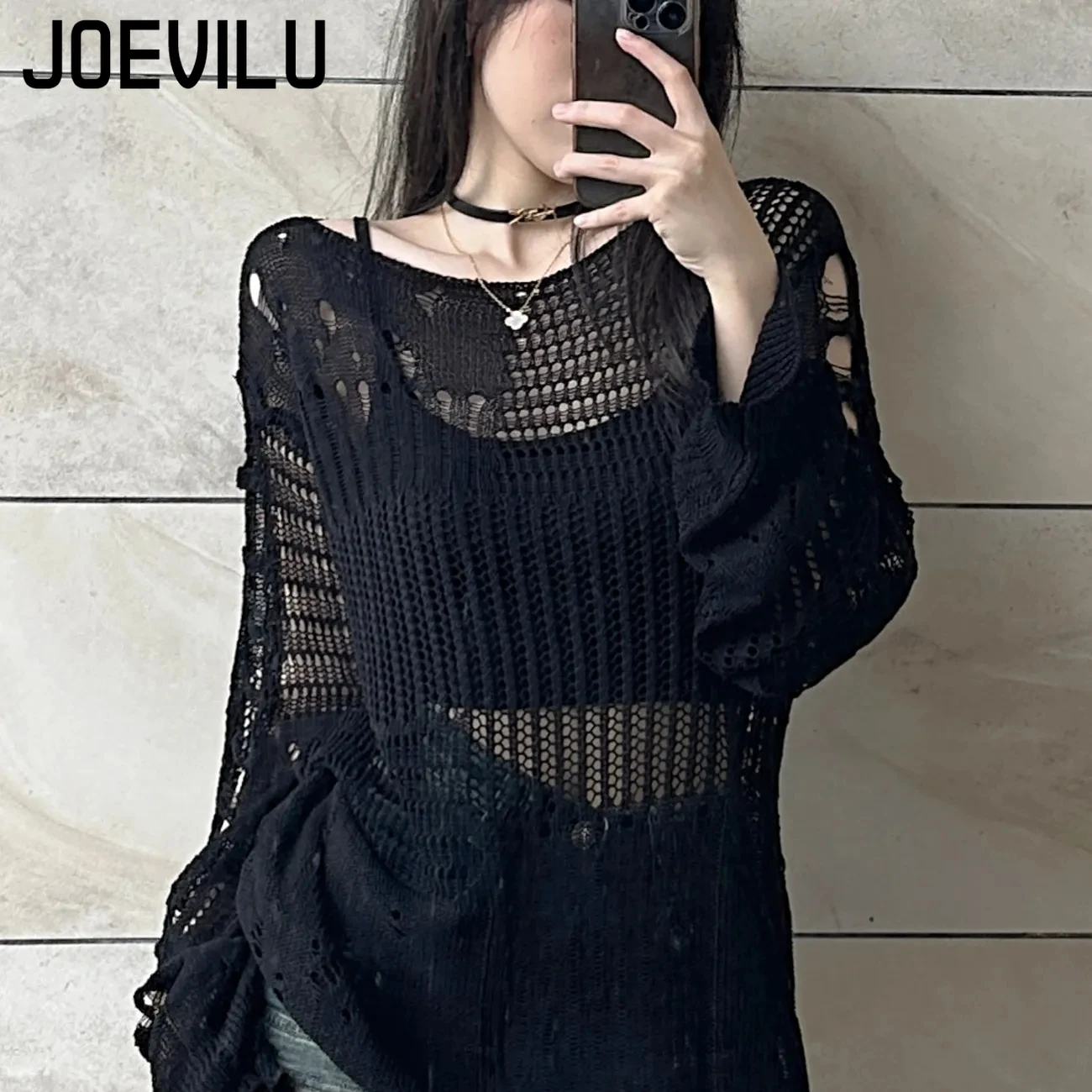 Women'S Formal Wear Blouse - JOEVILU Hollow ถักเสื้อฤดูร้อนหลวมแขนยาวบางเสื้อกันหนาวผู้หญิงเกาหลีเสื้อลําลองสีดํา Vintage Gothic เสื้อ