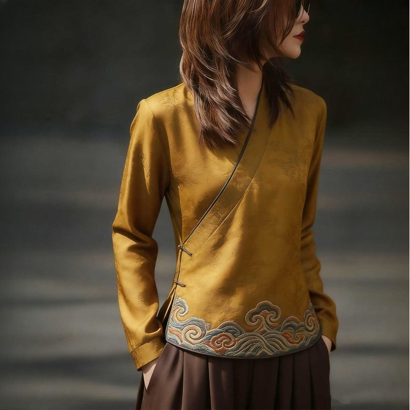 Women'S Formal Wear Blouse - เสื้อผู้หญิงสไตล์จีนพิมพ์ลายวินเทจแฟชั่นหลวมพอดีเสื้อผ้าฤดูใบไม้ผลิ/ฤดูร้อนแขนยาวคอวีผู้หญิงเสื้อ
