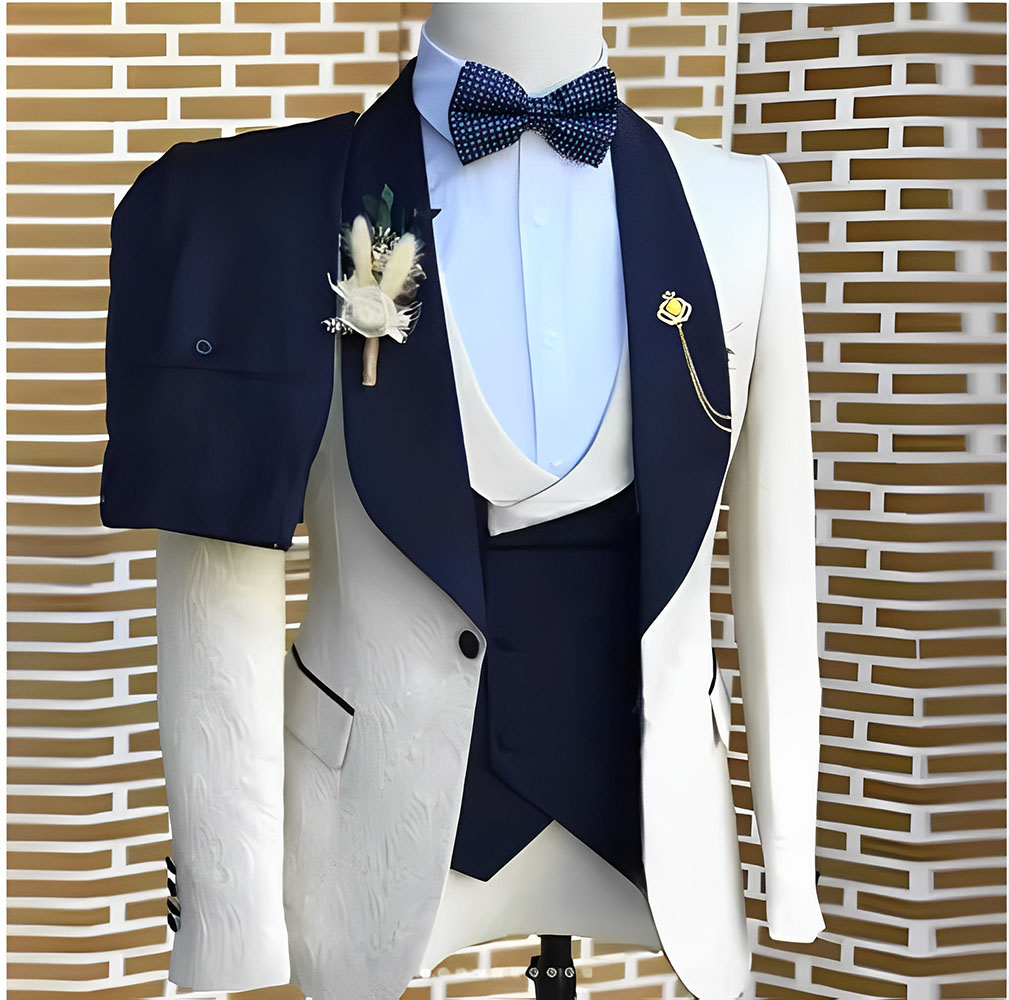 Tailored Coat Wool - Elegant White Jacquard Men สําหรับงานแต่งงานอย่างเป็นทางการเสื้อแจ็คเก็ตกางเกง 3