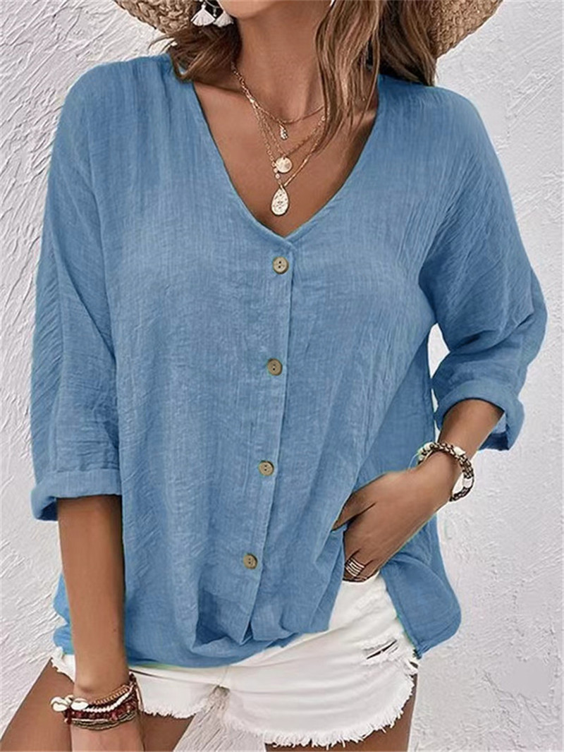 Women'S Formal Wear Blouse - Elegant ปุ่มเสื้อฤดูใบไม้ผลิใหม่ผู้หญิงเสื้อแขนยาวเสื้อลําลองหลวมวันหยุด V คอหญิง Blusas TOP