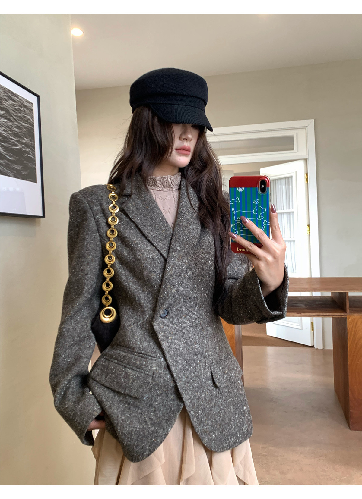 Tailored Coat Wool - 【MAR】เสื้อเบลเซอร์สีเทาสไตล์วินเทจสำหรับผู้หญิง ปกเสื้อแบบอสมมาตร ตัดเย็บเข้ารูป กระชับเอว ผ้าวูล