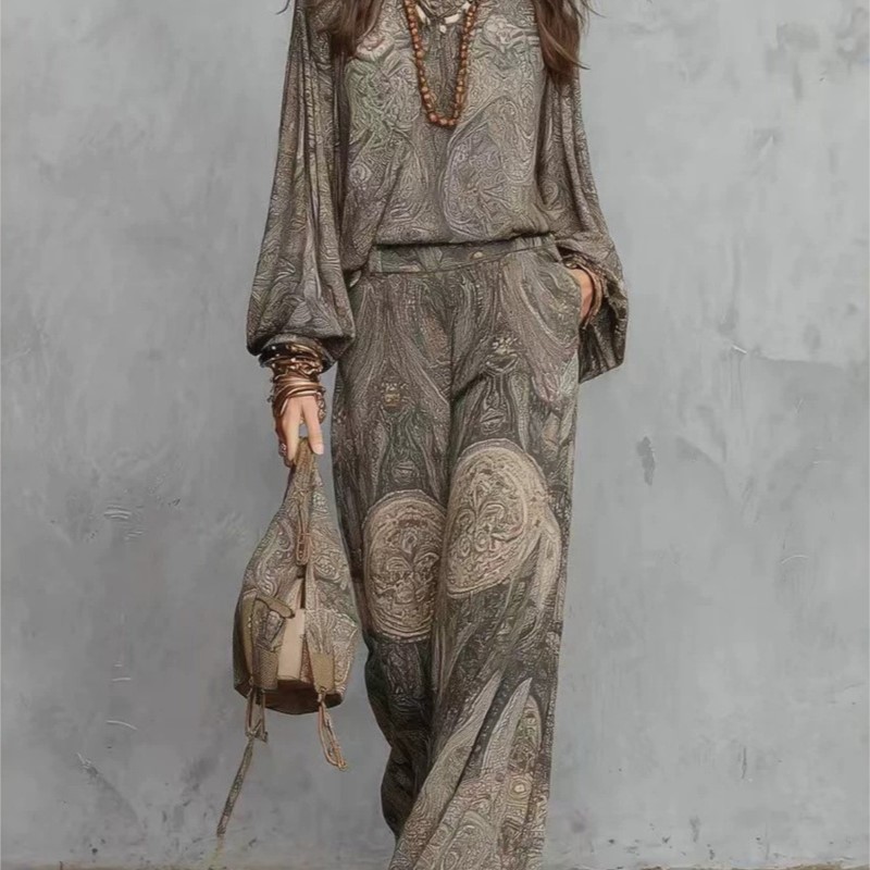 Women'S Formal Wear Blouse - ชุดเซ็ตสองชิ้นลายพิมพ์โบโฮเพสลีย์สำหรับผู้หญิง เสื้อแขนยาวคอวีเซ็กซี่ กางเกงขายาวทรงหลวม ชุดลำลองฤดูร้อนสำหรับผู้หญิง