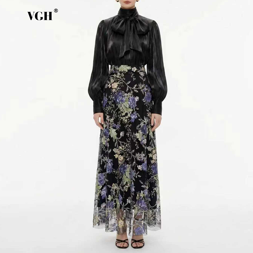 Women'S Formal Wear Blouse - VGH ชุดสองชิ้นลายดอกไม้สีดำหรูหราสำหรับผู้หญิงเสื้อแขนยาวคอผ้าพันคอชุดกระโปรงแม็กซี่เอวสูงสำหรับชุดลำลอง