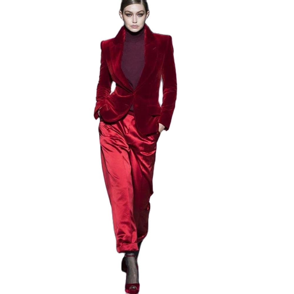 Women Formal Wear Blazers - ผู้หญิงชุดกางเกงไวน์แดงกำมะหยี่ผู้หญิงสุภาพสตรีธุรกิจสำนักงานทำงานสวมอย่างเป็นทางการชุดสำหรับงานแต่งงาน Tuxedos Blazer แฟชั่นชุด