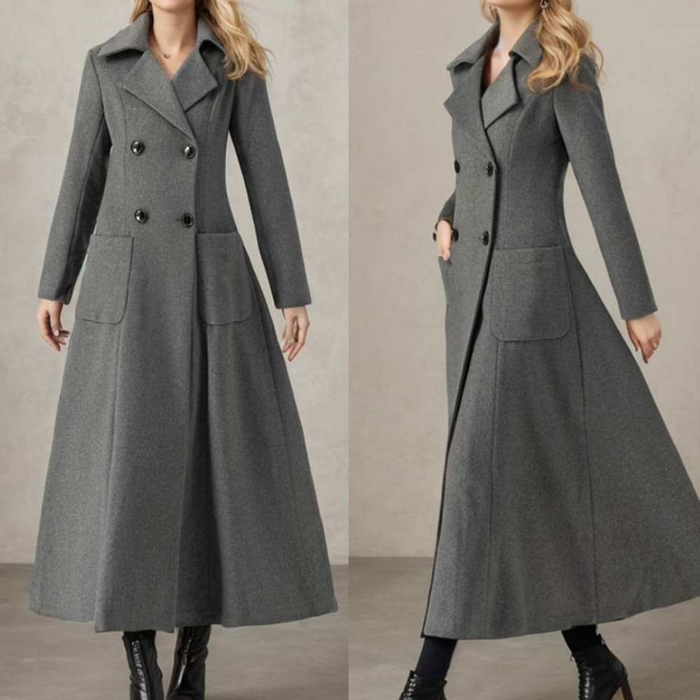 Tailored Coat Wool - เสื้อโค้ทผู้หญิงสีเทา แจ็คเก็ตขนสัตว์แบบกระดุมสองแถว ทรงเบลเซอร์ ตัดเย็บอย่างดี อุ่นสบาย แบบชิ้นเดียว