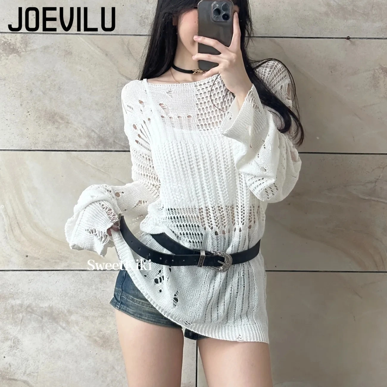 JOEVILU Hollow ถักเสื้อฤดูร้อน - Women'S Formal Wear Blouse บทวิจารณ์และราคา