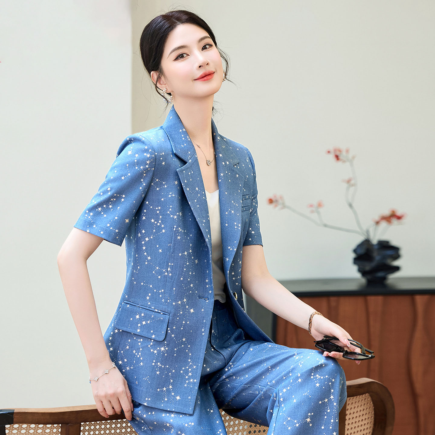 แฟชั่นสีฟ้าสีเหลืองแขนสั้นชุดส - Women Formal Wear Blazers บทวิจารณ์และราคา